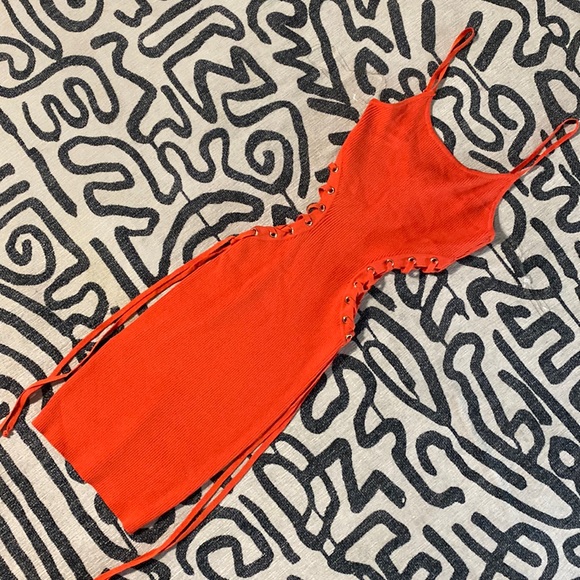 SMALL ORANGE RIBBED SIDE CUT-OUT TIEUP DRESS - Picture 1 of 5